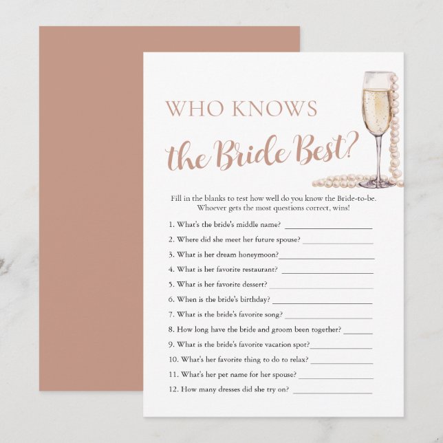 Pearls and Prosecco Who Knows the Bride Best Game Invitation (Front/Back)