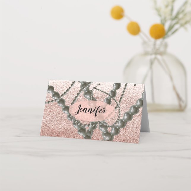 Pearls and Rose Gold Faux Glitter Place Card (Front)