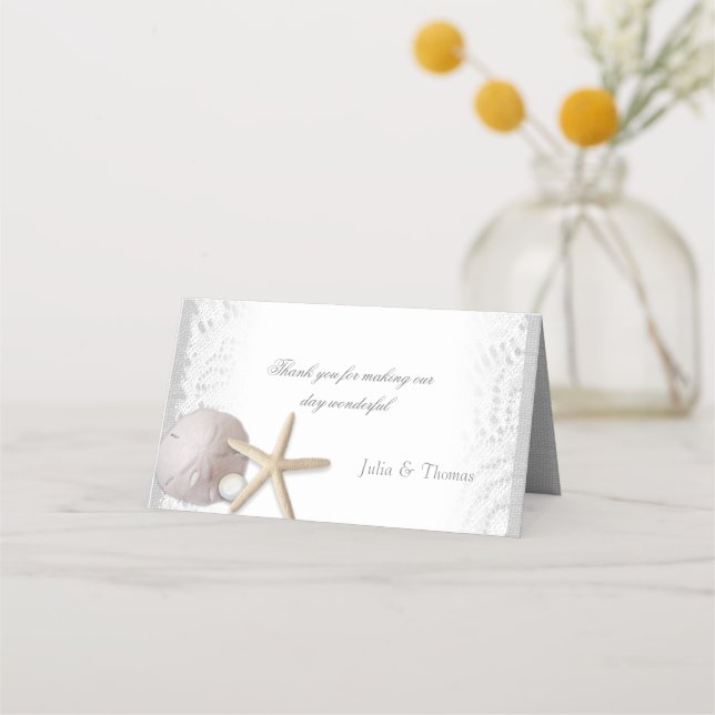 Pearls and White Lace Beach Wedding Place Card (Back)