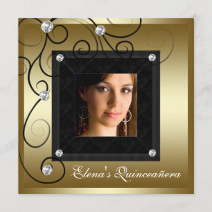 Pearls Black Gold Photo Quinceanera Invitations