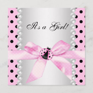 Pearls Black Pink Ladybug Baby Girl Shower Invitation