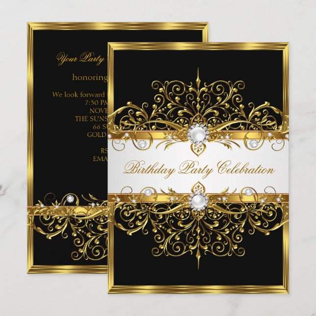 Pearls Black White Gold Elegant Birthday Party Invitation (Front/Back)