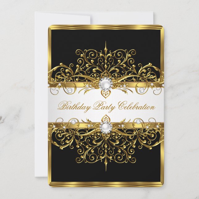 Pearls Black White Gold Elegant Birthday Party Invitation (Front)