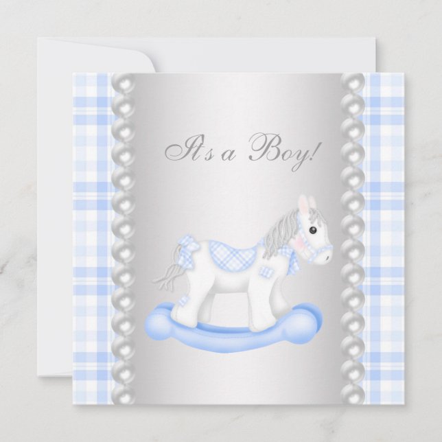 Pearls Blue Gingham Rocking Horse Baby Boy Shower Invitation (Front)