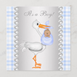 Pearls Blue Gingham Stork Baby Boy Shower Invitation