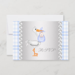 Pearls Blue Gingham Stork Baby Shower RSVP