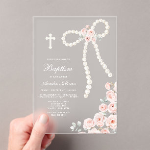 Pearls Bow and Roses Baptism Acrylic Invitations