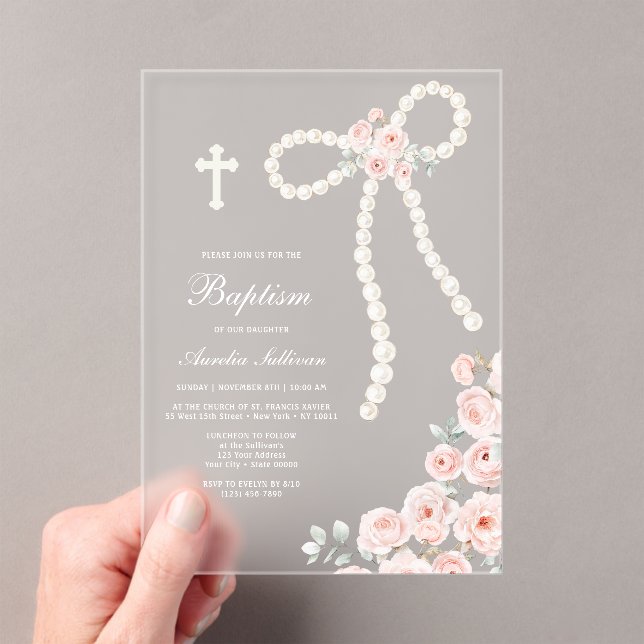Pearls Bow and Roses Baptism Acrylic Invitations (Insitu (Handheld))