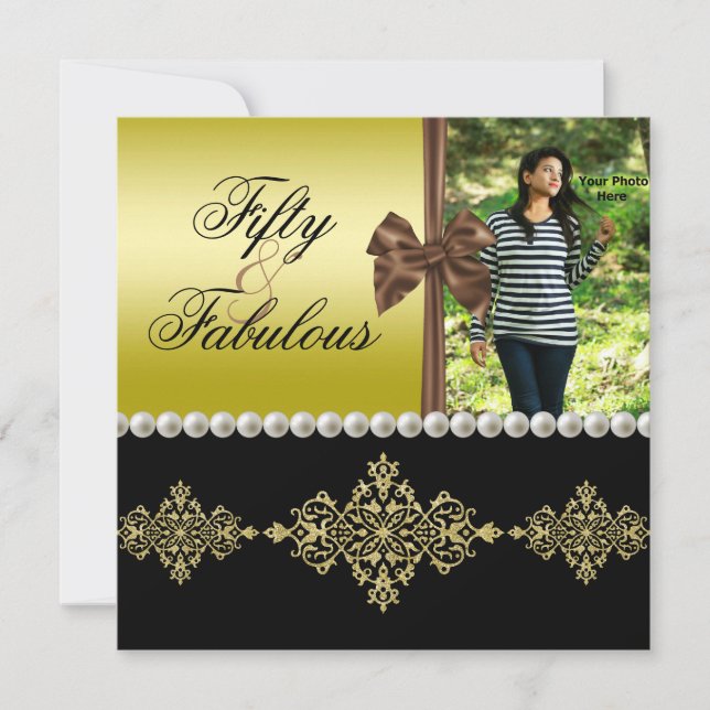 Pearls & Bow Gold & Black Fabulous 50 Photo Womens Invitation (Front)