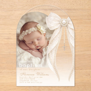 Pearls Bow Ivory elegant Arch Photo Baptism Acrylic Invitations