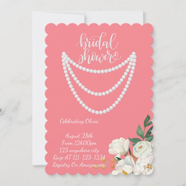 pearls bridal shower invitation in pink (Front)