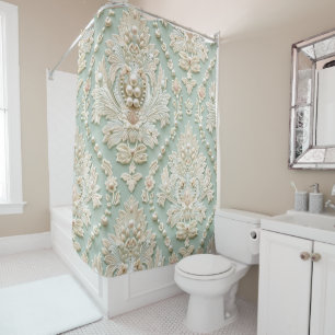 Pearls Crystals French Damask Embroidery  Shower Curtain