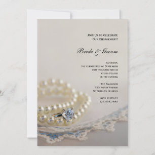 Pearls, Diamond Ring, Blue Lace Engagement Party Invitation