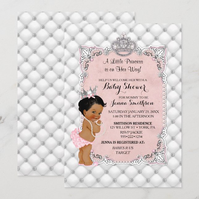 Pearls Diamonds Ethnic Princess Baby Girl Glam Invitation (Front/Back)