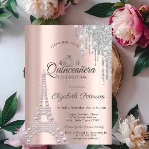 Pearls,Eiffel Tower,Drips Rose Gold Quinceañera Invitation