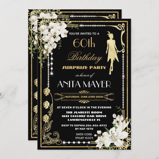 Pearls Floral Art Deco Gatsby Birthday ANY AGE Inv Invitation (Front/Back)