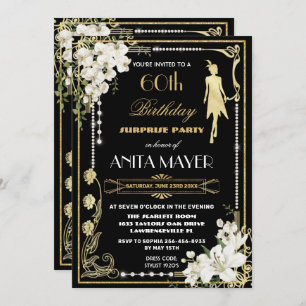 Pearls Floral Art Deco Gatsby Birthday ANY AGE Inv Invitation