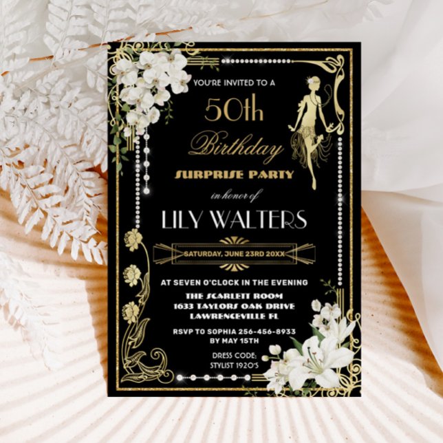 Pearls Floral Art Deco Gatsby Birthday ANY AGE Inv Invitation (Creator Uploaded)