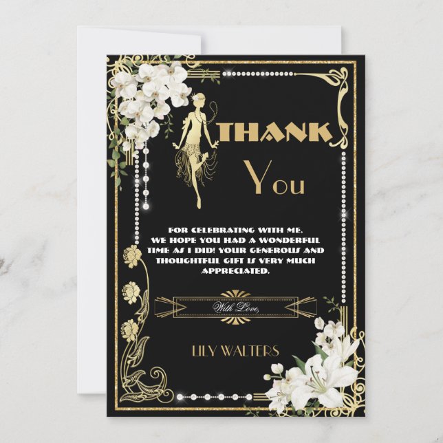 Pearls Floral Art Deco Gatsby Twenties Birthday  Thank You Card (Front)