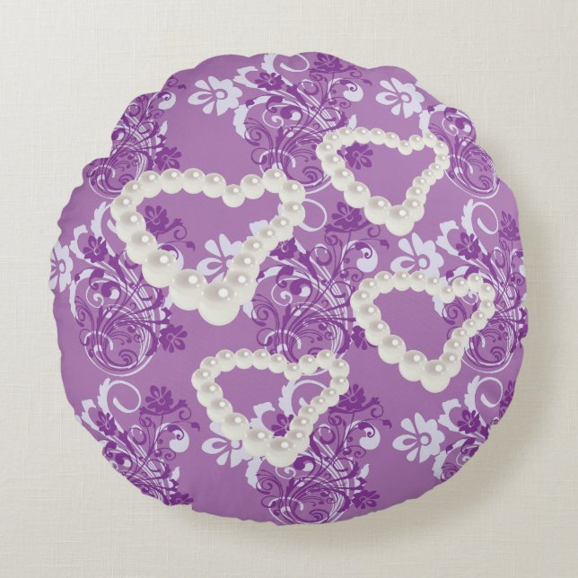 Pearls Floral Heart Purple Round Pillow (Front)