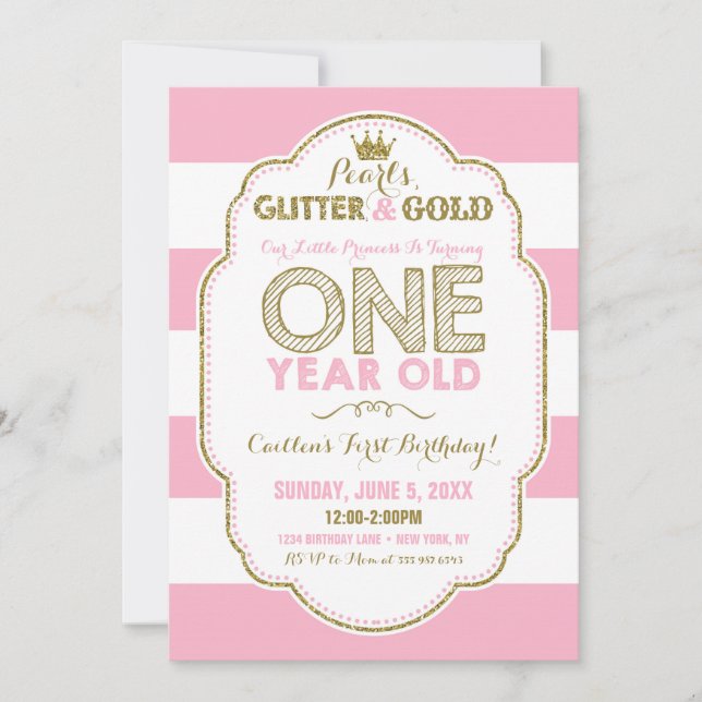 Pearls Glitter and Gold First Birthday Invitation (Front)