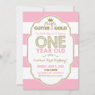 Pearls Glitter and Gold First Birthday Invitation