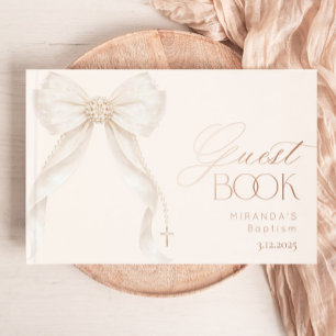 Pearls Gold Bow Girl Baptism Guest Book
