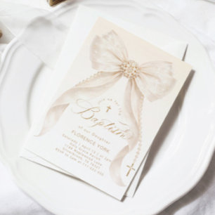 Pearls Gold Bow Girl Baptism Religious Invitation