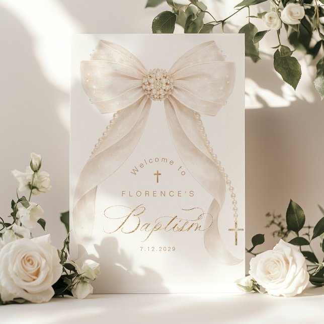 Pearls Gold Bow Girl Baptism Welcome Poster (Creator Uploaded)
