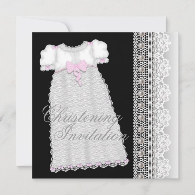 Pearls Gown Baby Girl Pink Black Christening Invitation (Front)