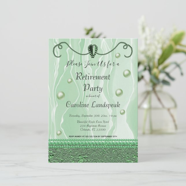 Pearls & Green Silk Retirement Party Invitation (Standing Front)