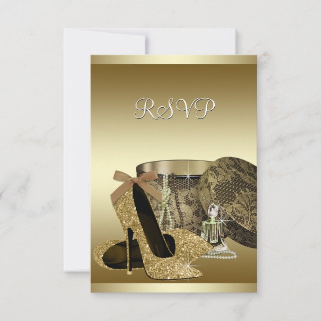 Pearls High Heel Shoes Black Gold RSVP Card (Front)