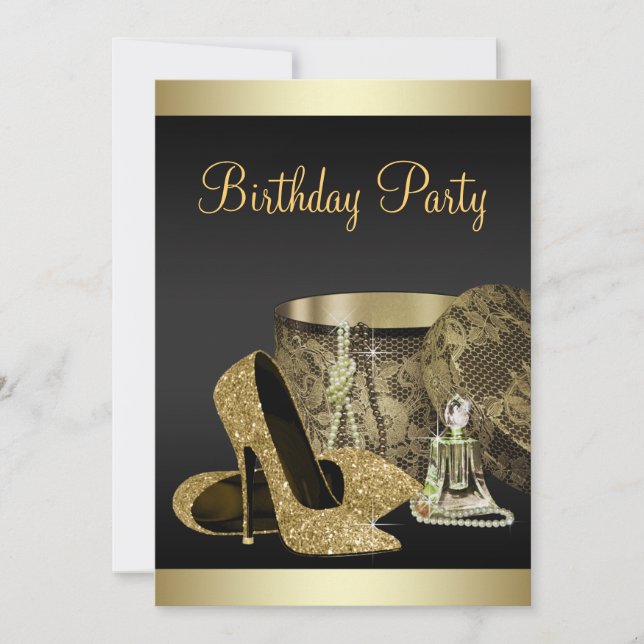 Pearls High Heel Shoes Black Gold Womans Birthday Invitation (Front)