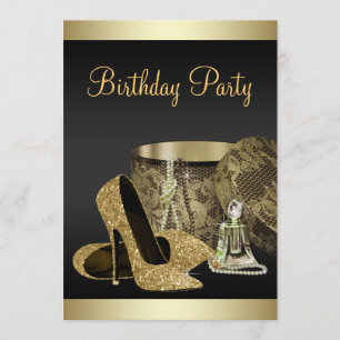 Pearls High Heel Shoes Black Gold Womans Birthday Invitation