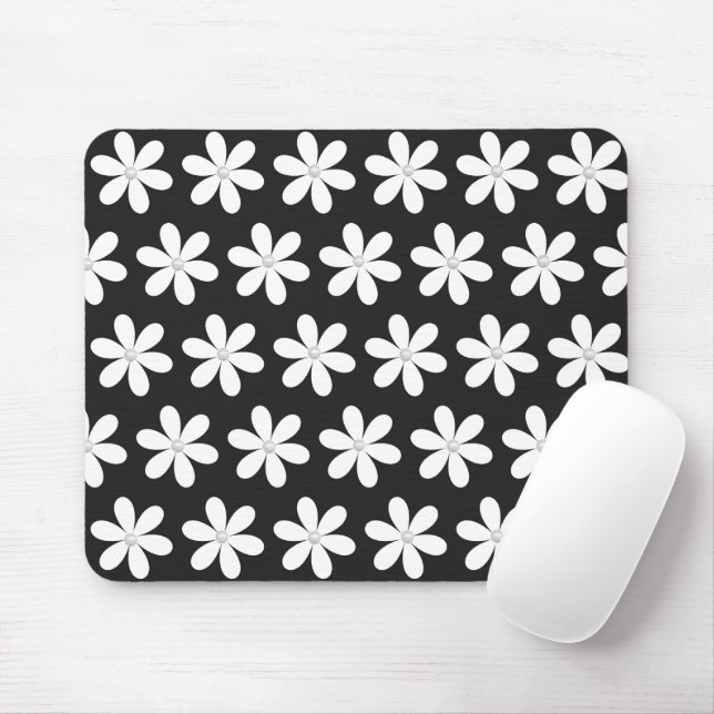 Pearls in Daisies on Black Mouse Mat (With Mouse)