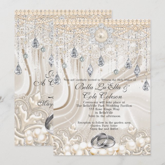 Pearls Lace And Bling Wedding Invitation (Front/Back)