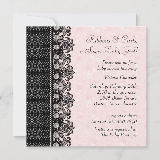 Pearls Lace Pink Black Baby Girl Shower Invitation (Front)