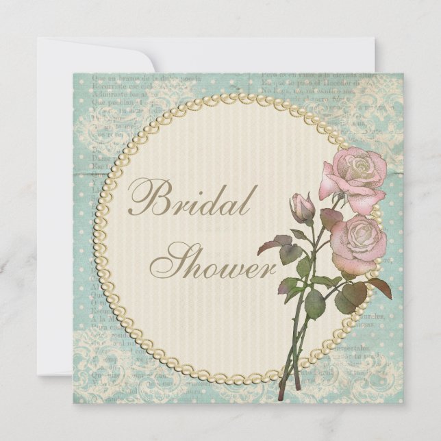 Pearls & Lace Shabby Chic Roses Bridal Shower Invitation (Front)