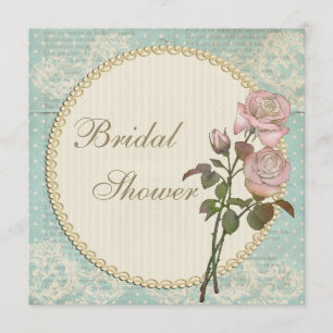 Pearls & Lace Shabby Chic Roses Bridal Shower Invitation