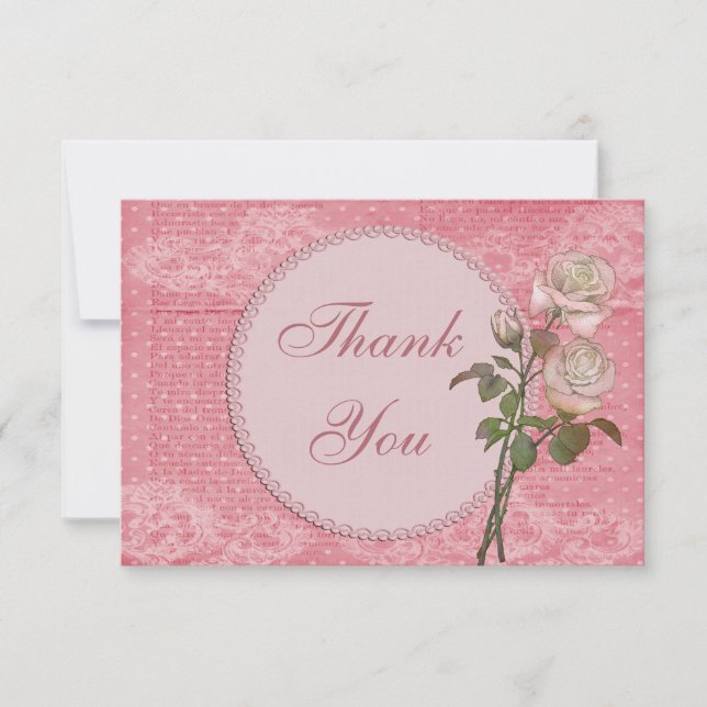 Pearls & Lace Shabby Chic Roses Thank You Card (Front)