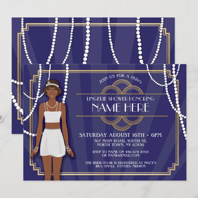 Pearls Lingerie Shower Twenties Gold Navy Invite (Front/Back)