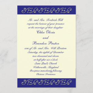 Pearls, Off White Sapphire Blue Wedding Invitation