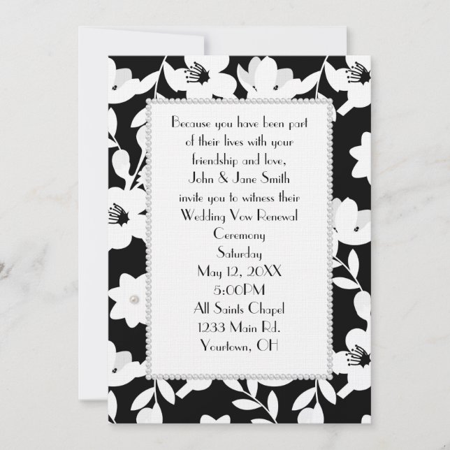 Pearls On Black And White Flowers Invitation (Front)