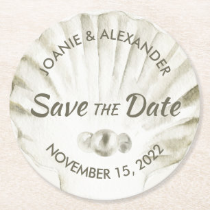 Pearls on White Scallop Shell Save the Date Round Paper Coaster