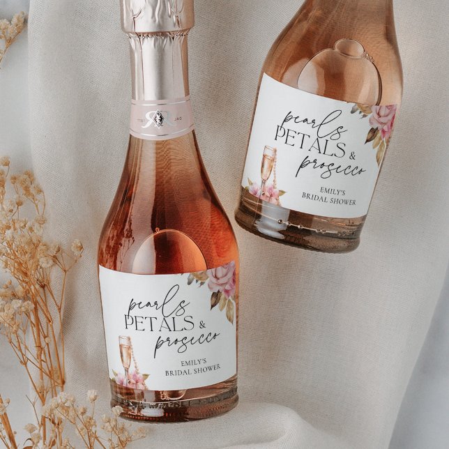 Pearls Petals & Prosecco Floral Bridal Shower Sparkling Wine Label (Creator Uploaded)