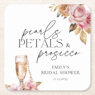 Pearls Petals & Prosecco Floral Bridal Shower Square Paper Coaster