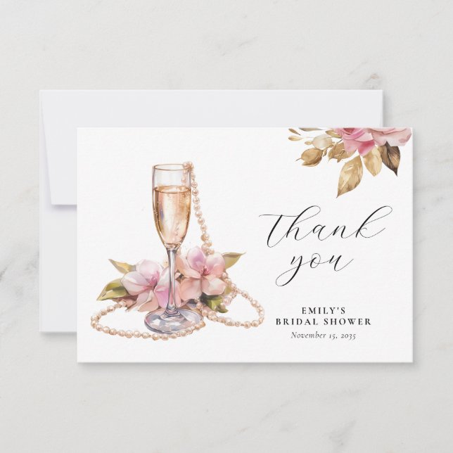 Pearls Petals & Prosecco Floral Bridal Shower Thank You Card (Front)