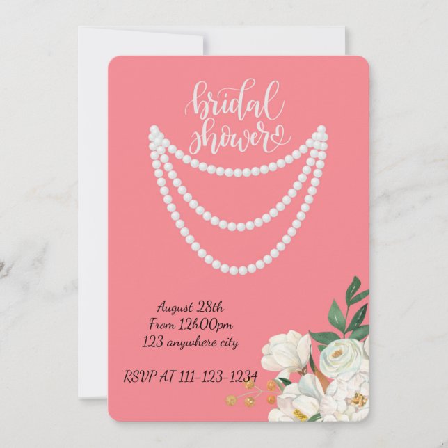 Pearls pink bridal shower invitation  (Front)