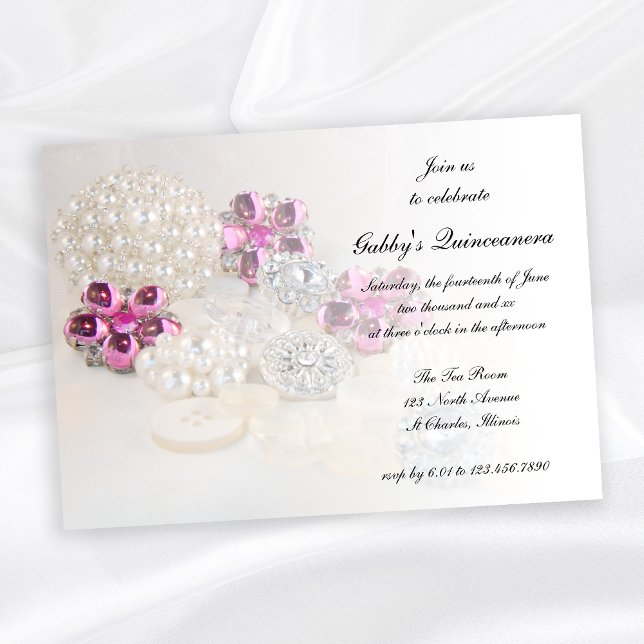Pearls Pink Diamond Buttons Quinceañera Party Invitation (Creator Uploaded)