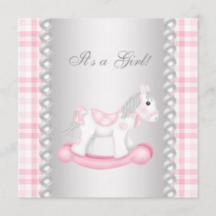 Pearls Pink Gingham Rocking Horse Baby Girl Shower Invitation